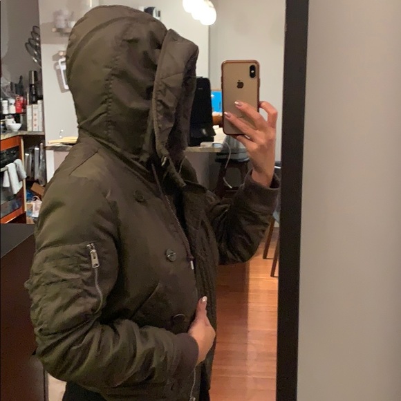 All Saints Green Jacket w Faux Sherpa Lined Hood - Picture 6 of 8